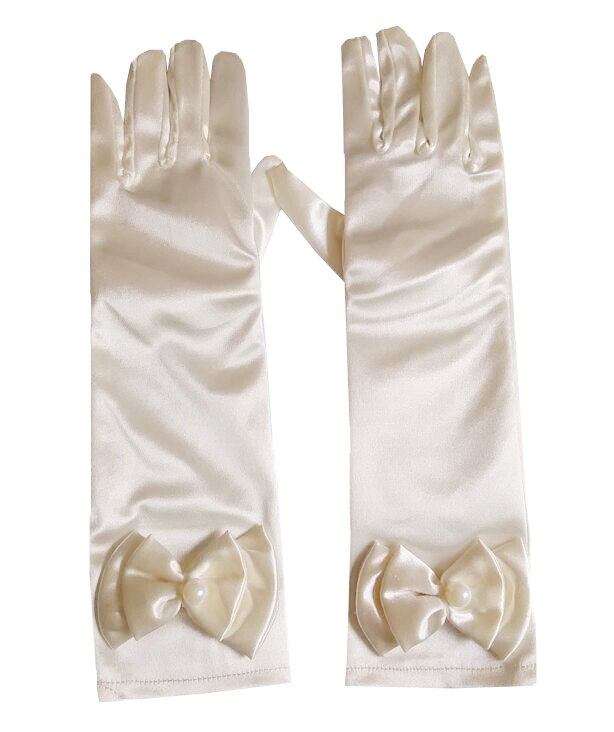 Lange Handschoenen Zonnebrandcrème Satijn Kids Meisjes Handschoenen Voor Party Wedding Dansvoorstelling Meisje Boog Handschoenen Baby Kinderen Jurk Accessoire: Beige girl gloves