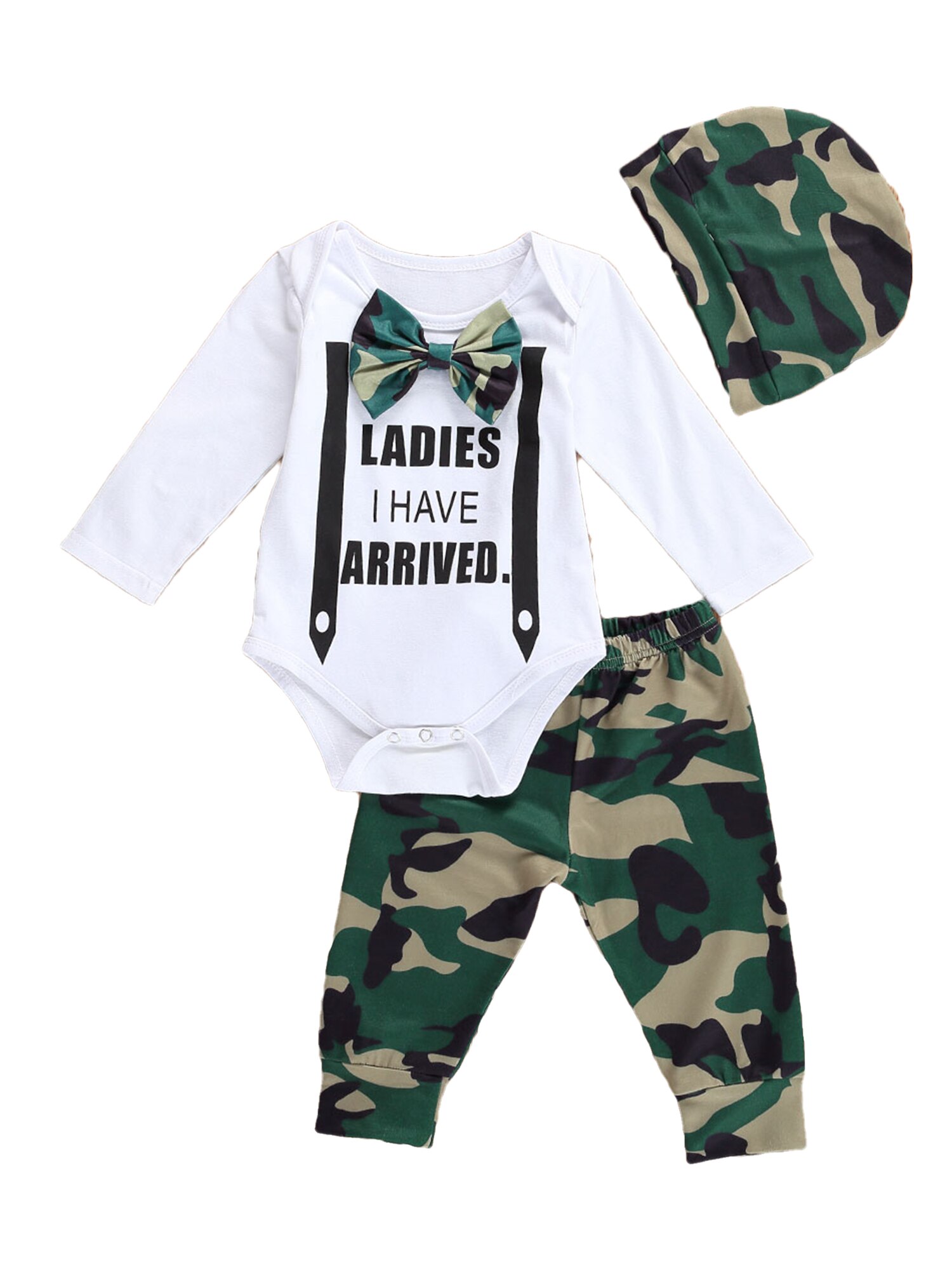0-24m babyjongenskleding unieke brief stropdas lange mouwen jumpsuit camouflage broek met hoed