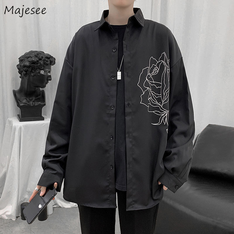 Homme chemises imprimé Simple tourner vers le bas col Simple boutonnage décontracté ample hauts pour hommes stylé tout-match Ulzzang Chic Streetwear homme