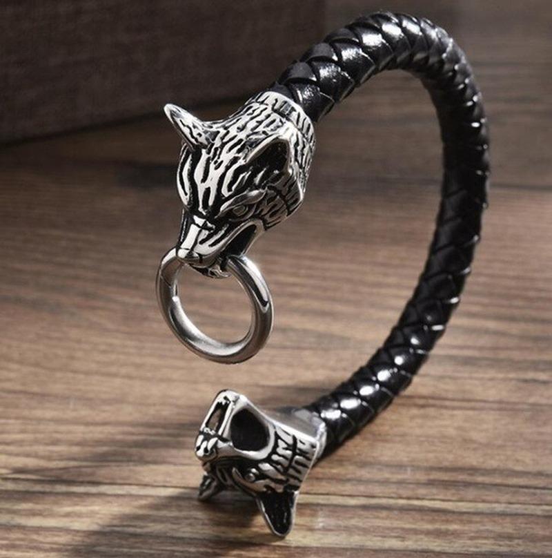 Bracciale testa di lupo vichingo catena di corda di cuoio doppio anello di morso testa di lupo bracciale per uomo amuleto regalo gioielli vichinghi