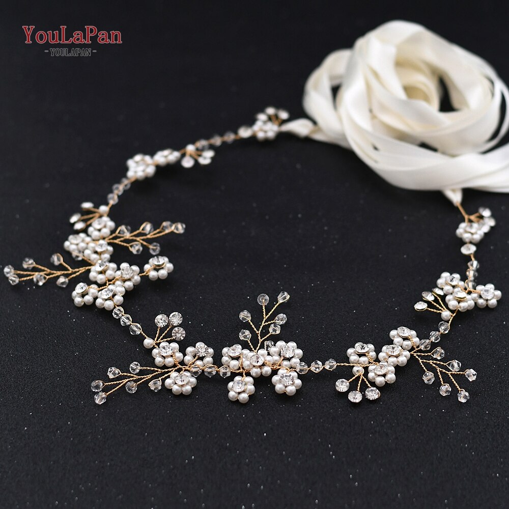 TOPQUEEN SH129 Goldene Hochzeit Kleider Gürtel Womens Perle Gürtel Kristall Braut Schärpe Hochzeit Gold Gürtel mit Perlen Dünne Braut Gürtel: aus-Weiß Schleife