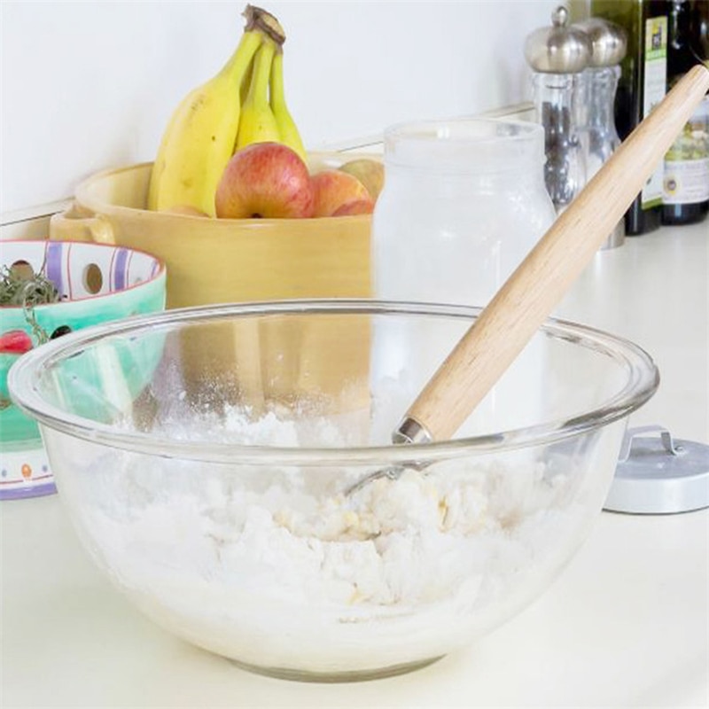 Oak Handle Flour Dough Mixer Stainless Steel Egg Beater Flour Coil Mixer Danish Whisk Stick DIY Bread Dough Baking Utensils