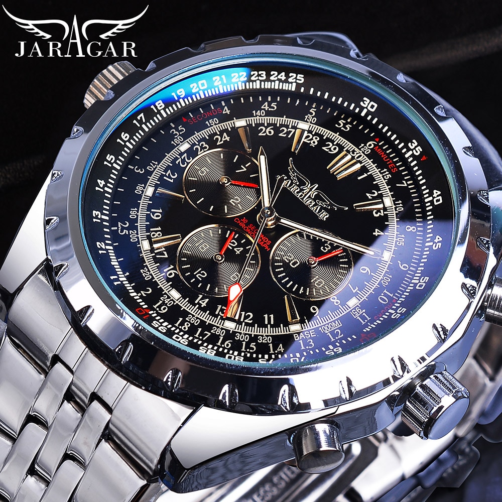 Jaragar Blauw Glas Zwart Zilver Automatische Horloge Roestvrij Staal Datum Klok Lichtgevende Mannen Zakelijke Mechanische Horloge