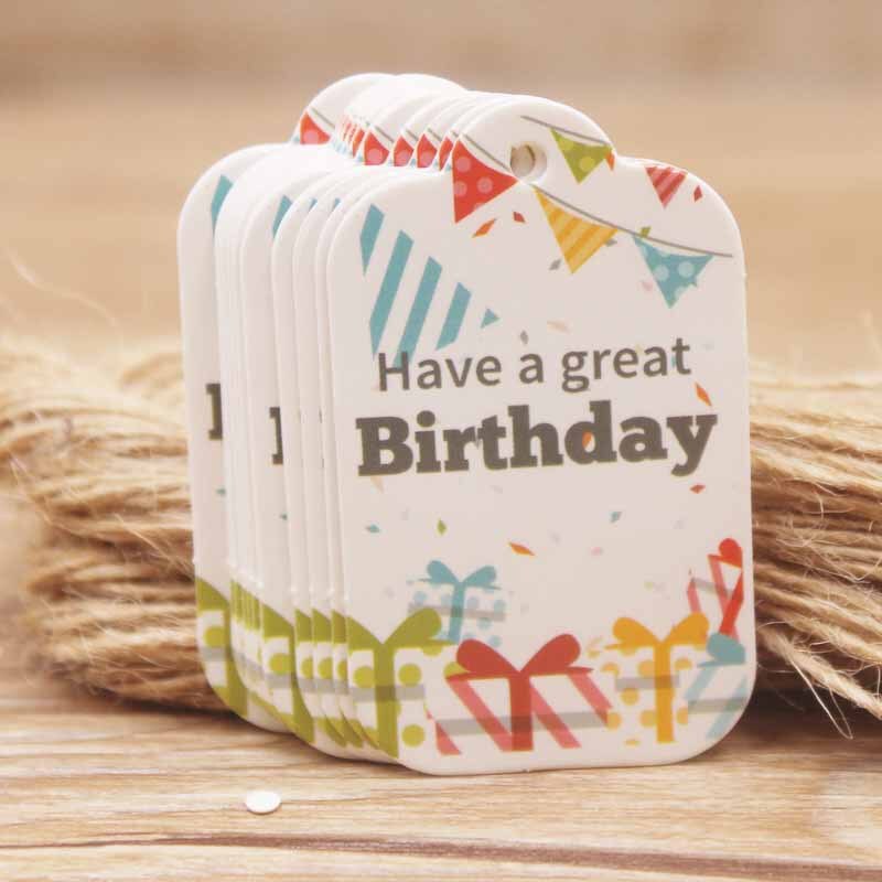 100pcs Happy Birthday Tag White Hang Tag DIY Paper Label Tag Garment Tags Party Paper Box Packing Label Cards