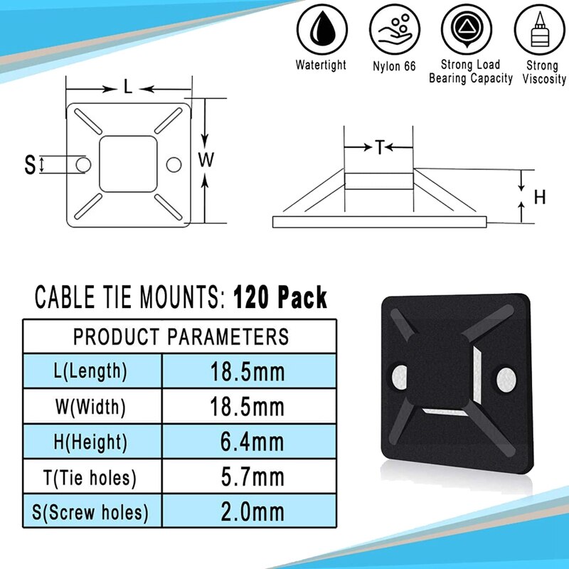 -120 Pcs Adhesive Base For Cable Ties, Self-Adhesive Base, Mounting Base For Cable Tie