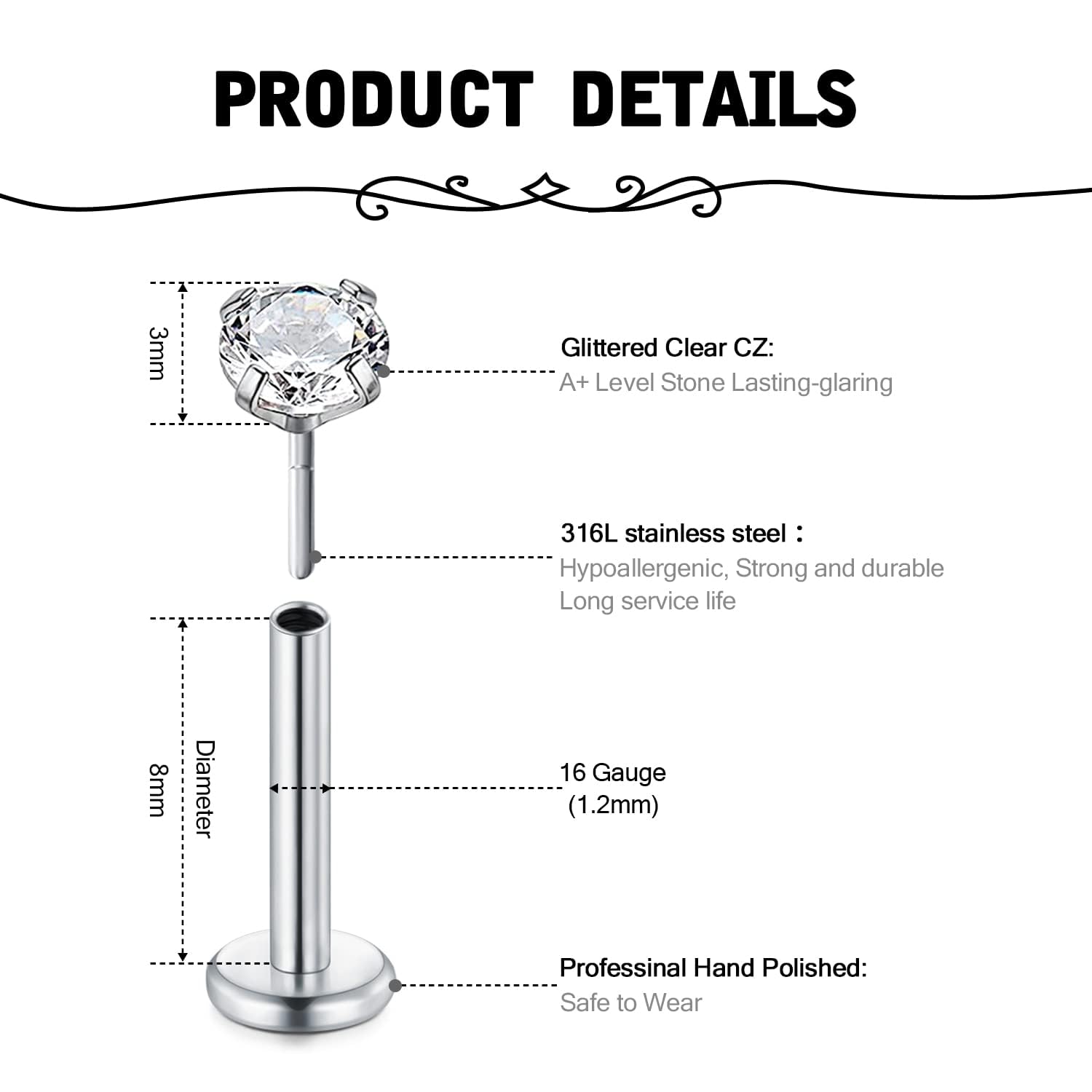 Pendientes de tuerca sin rosca para cartílago Tragus, Piercing de oreja, lóbulo, labio, Labret, 16G