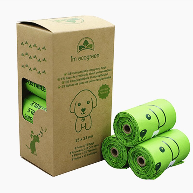 Sac à merde en amidon de maïs entièrement dégradable 23x33cm pour chien, sac à excréments pour animaux de compagnie, produits pour animaux de compagnie, épaisseur: 0.018mm, 15 sachets/rouleau: 8 rolls