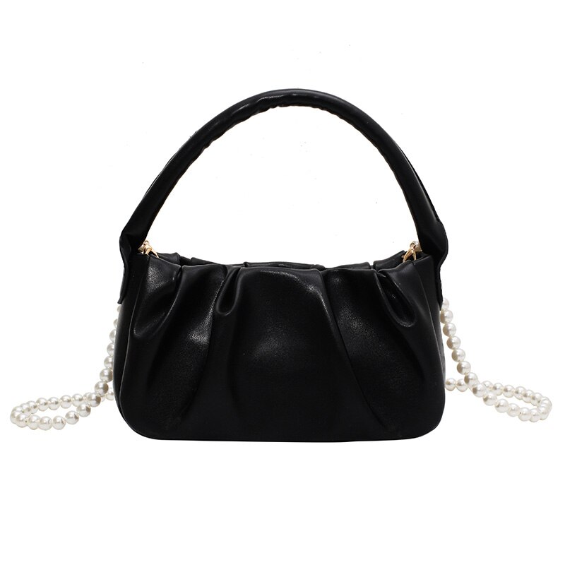 Zachte Lederen Crossbody Tassen Voor Vrouwen Eenvoudige Dames Trend Kralen Ketting Schouder Handtassen En Portemonnees Vrouwelijke Tote: Black