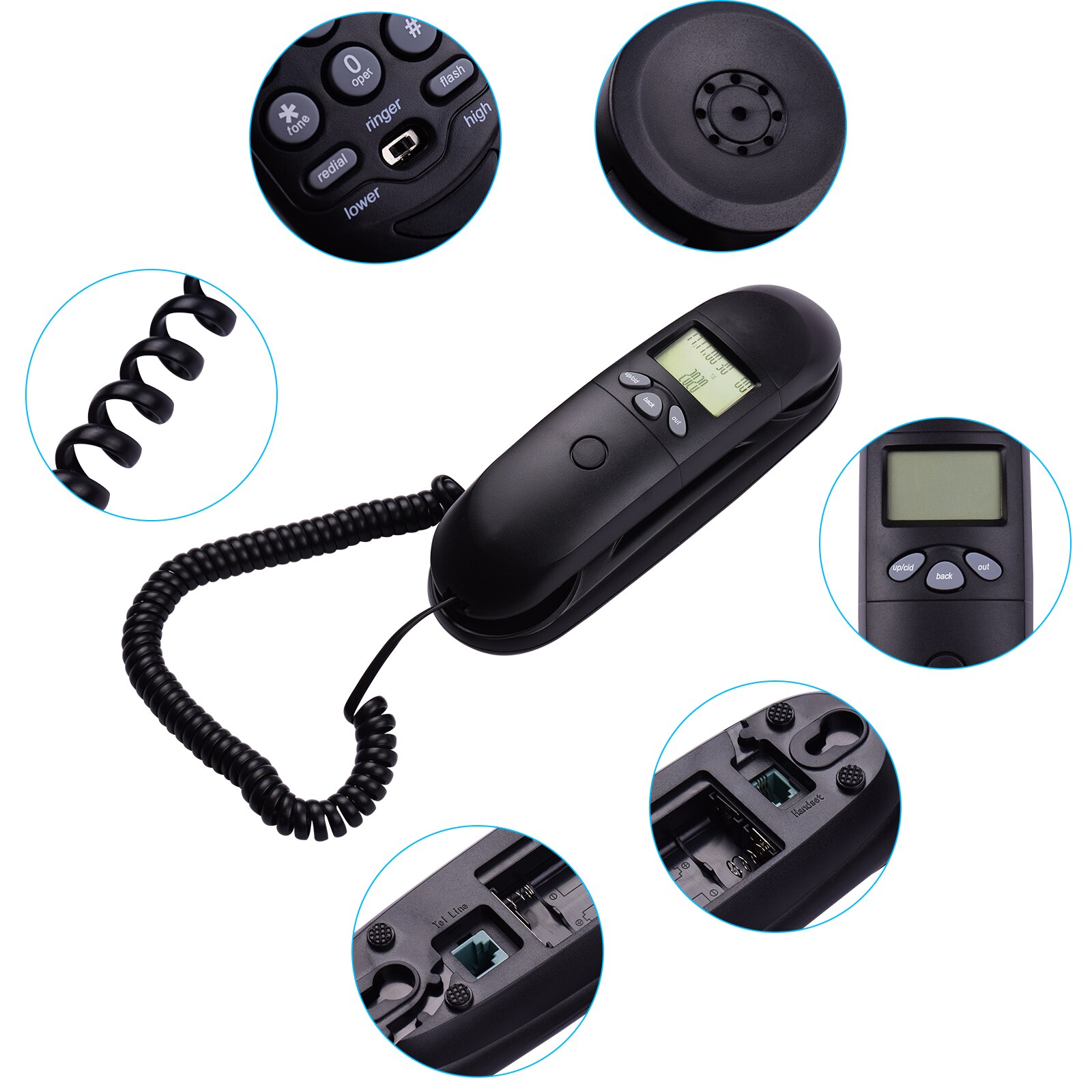 Mini trimline vaste telefoon, bureautelefoon, wandmontage met display, nummerherkenning, opnieuw kiezen voor hotelkantoor