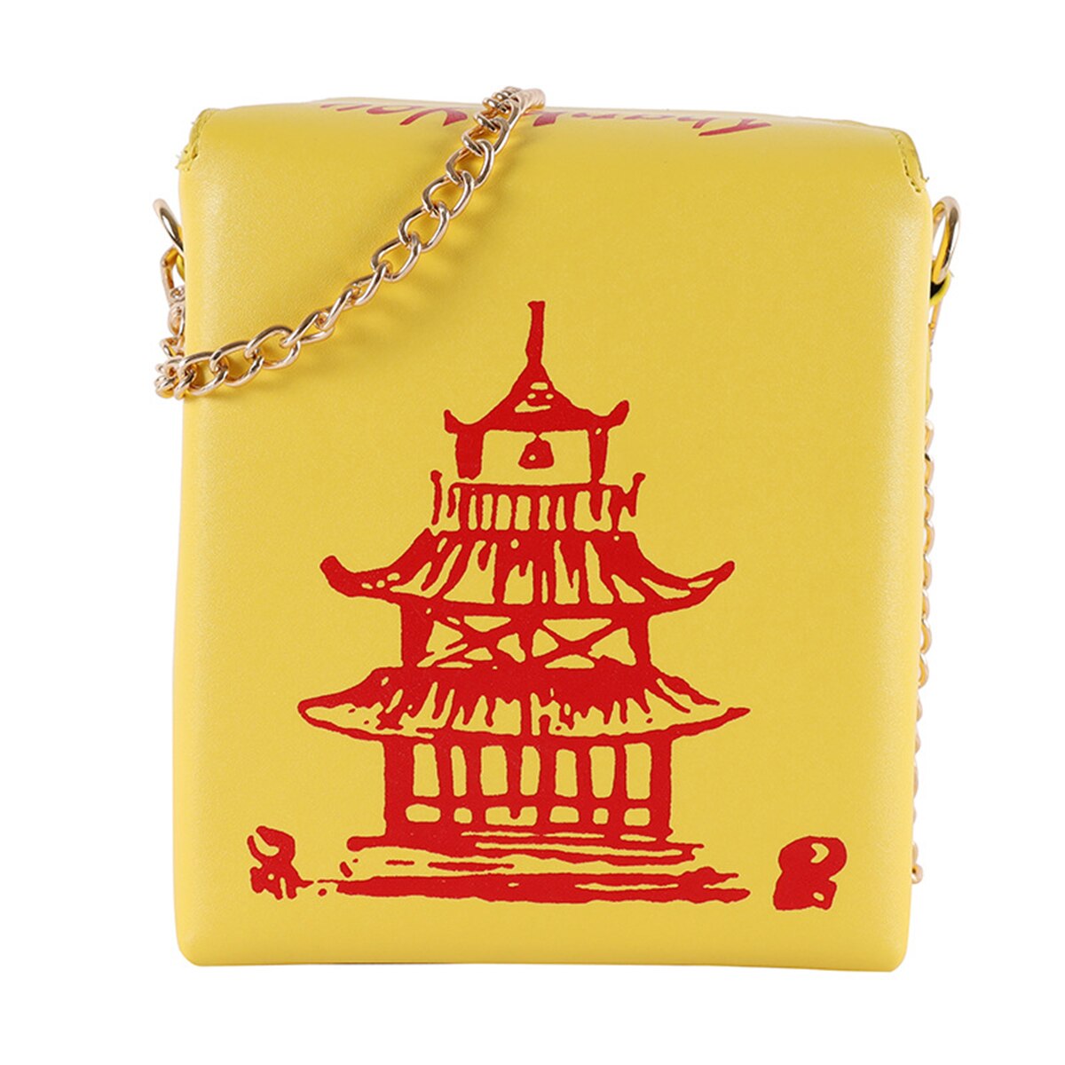 Women Ladies Creativity Leather Crossbody Bag Chinese Take-Out Box Shape Tower Print Shoulder Bag with Chain Strap: Yellow