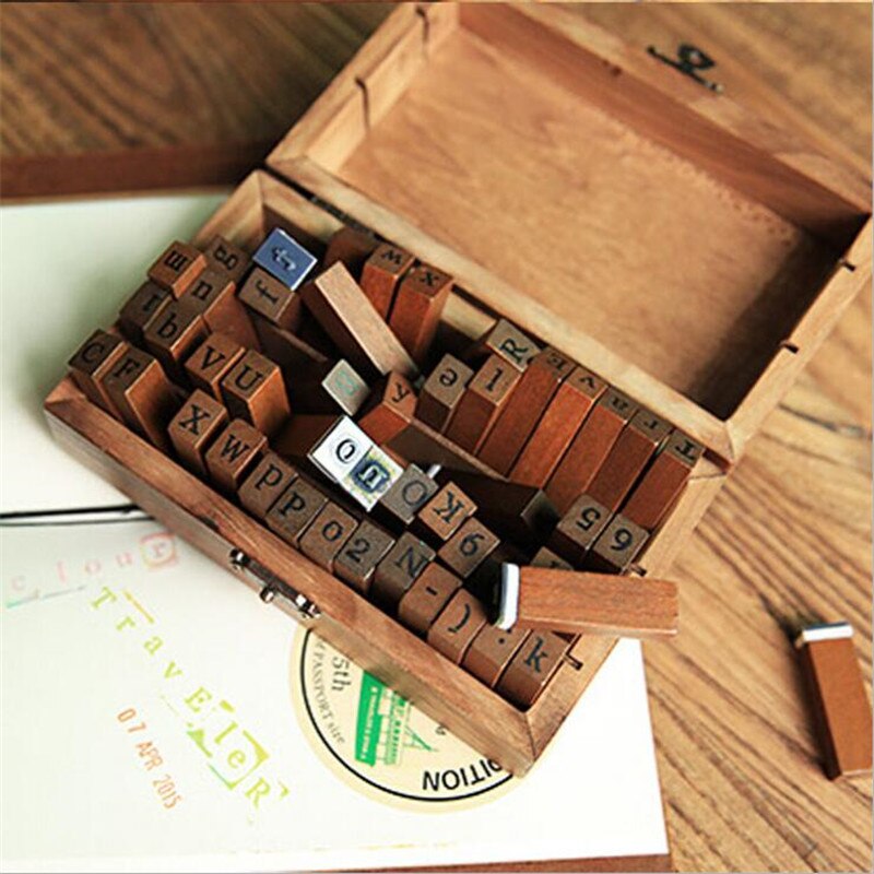 Zelfinktende Nummer Brief Seal Stempel Diy Alfabet Stempel Vintage Leren Houten Alfabet En Nummer Postzegels Set Met Houten Doos