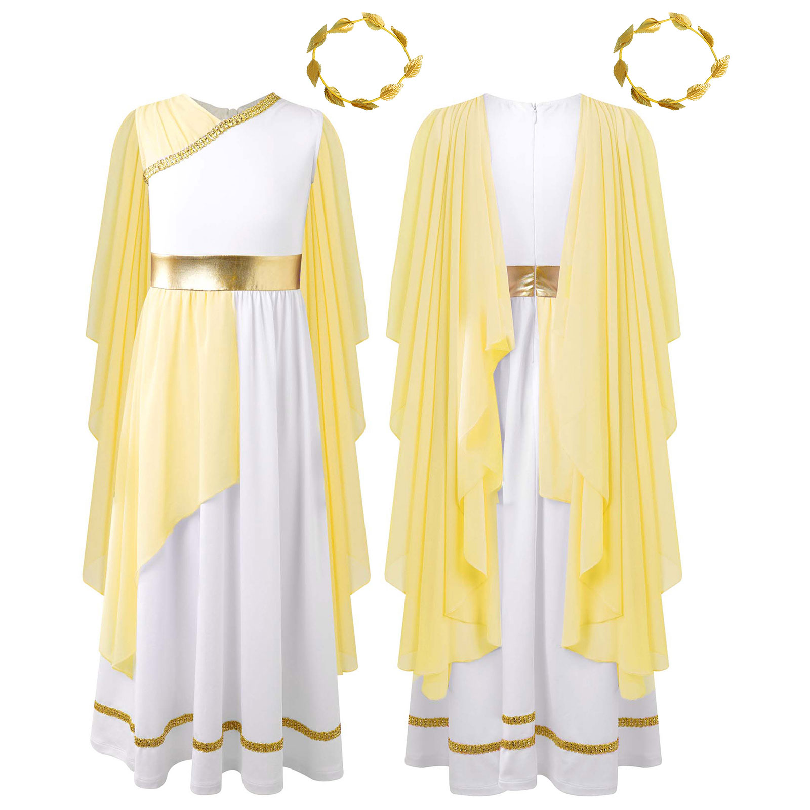 Athena-kostume til piger, græsk prinsessekjole, oldgræsk romersk toga med laurbærblad, hovedbeklædning, halloween, karneval, cosplay-sæt: S / Khaki