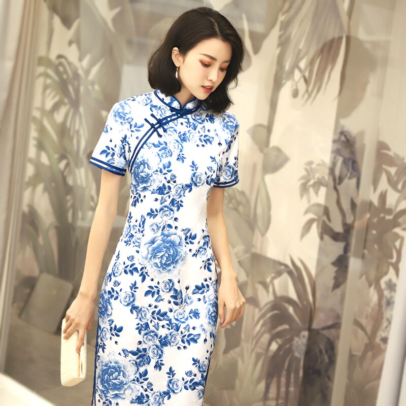 Sheng coco sininen ja valkoinen naisten cheongsam kiinalainen perinteinen mekko qipao 4xl plus koko naisten vaatteet