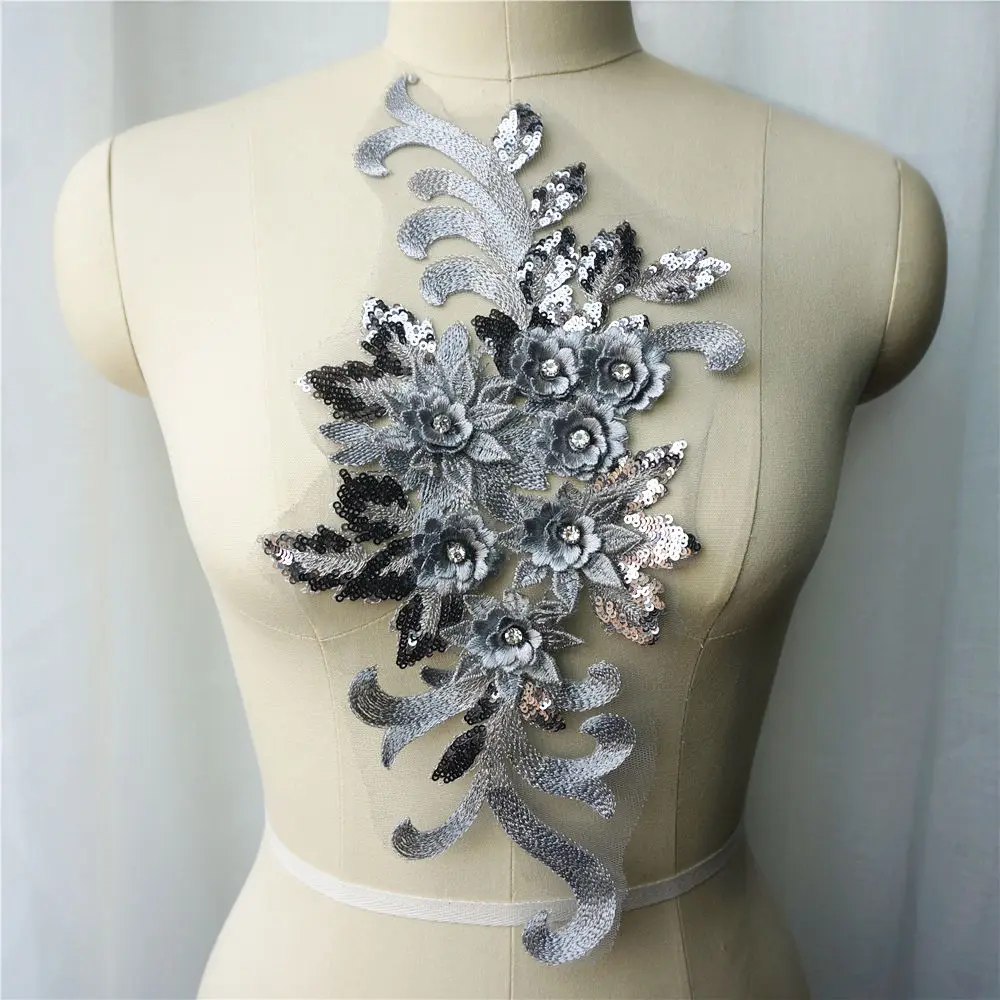 Goud Zilver Blauw Rood Kant Stof Pailletten 3d Bloemen Strass Trouwjurk Appliques Borduurwerk Naai Patch Voor Jurk Diy Decor