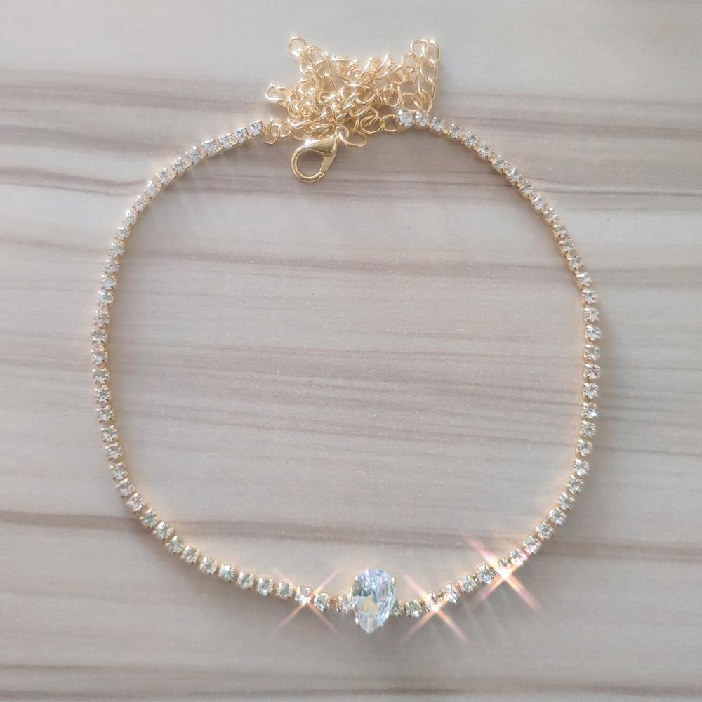 GLAMing Crystal Zircon Choker Necklace for Women Gold Chain Bling Water Shaped Silver-plated Tennis Chain Necklace Collar: Gold-color