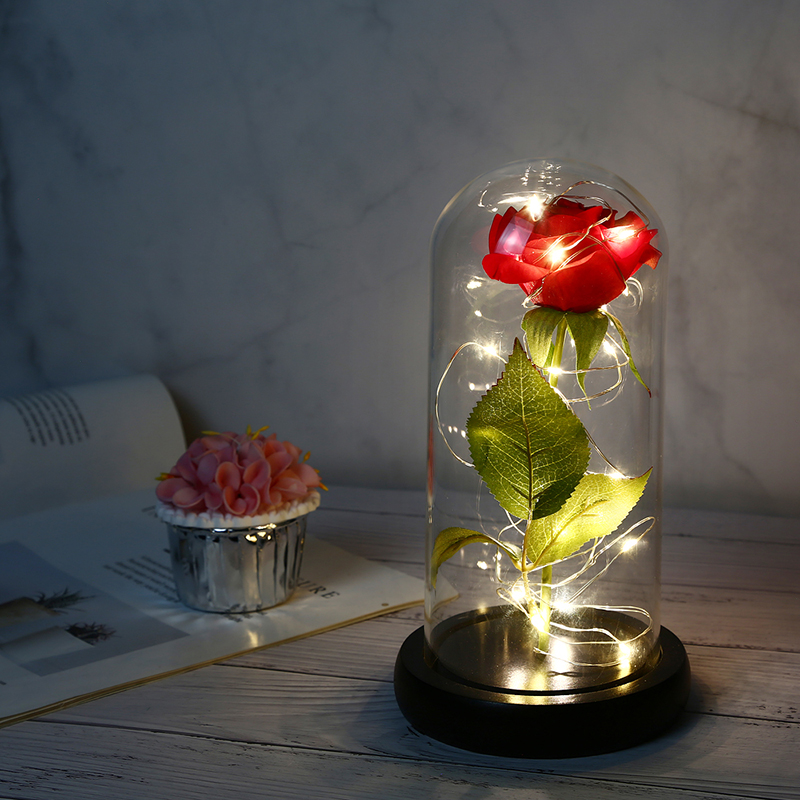 1 Set Schoonheid En Het Beest Eeuwige Rode Roos Bloemen Led Licht In Een Glazen Koepel Op Een Houten Basis voor Romantische Valentijnsdag Cadeaus