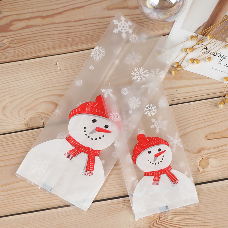 50Pcs Transparant Plastic Zak Kerst Sneeuwpop Kerstman Cellofaan Cookie Fudge Snoep Cookie Bag Frosted Pouch Doos