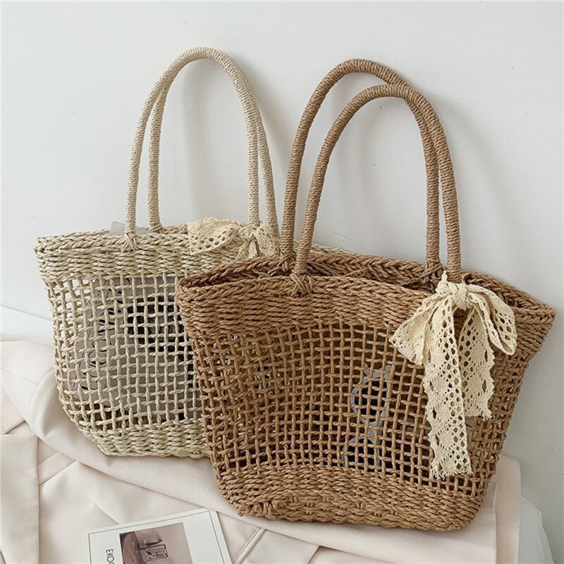 Bolsa de vime feita à mão, de palha, rattan, feminina, verão, vazada, bolsa de ombro cruzada, com laço, borlas