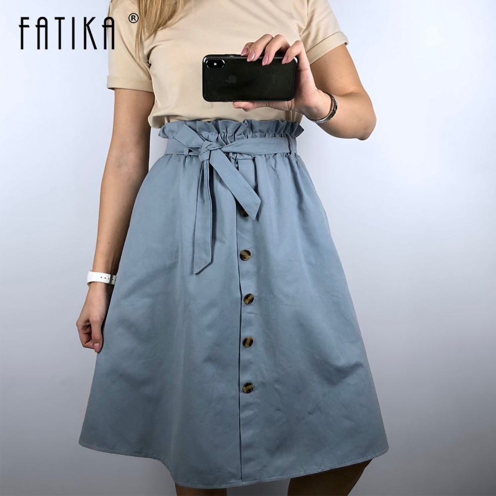 FATIKA, faldas Midi de cintura alta, bolsillos sólidos, línea de forma de A, pantalones casuales de mujer, faldas femeninas de con fajas, novedad de , para mujer