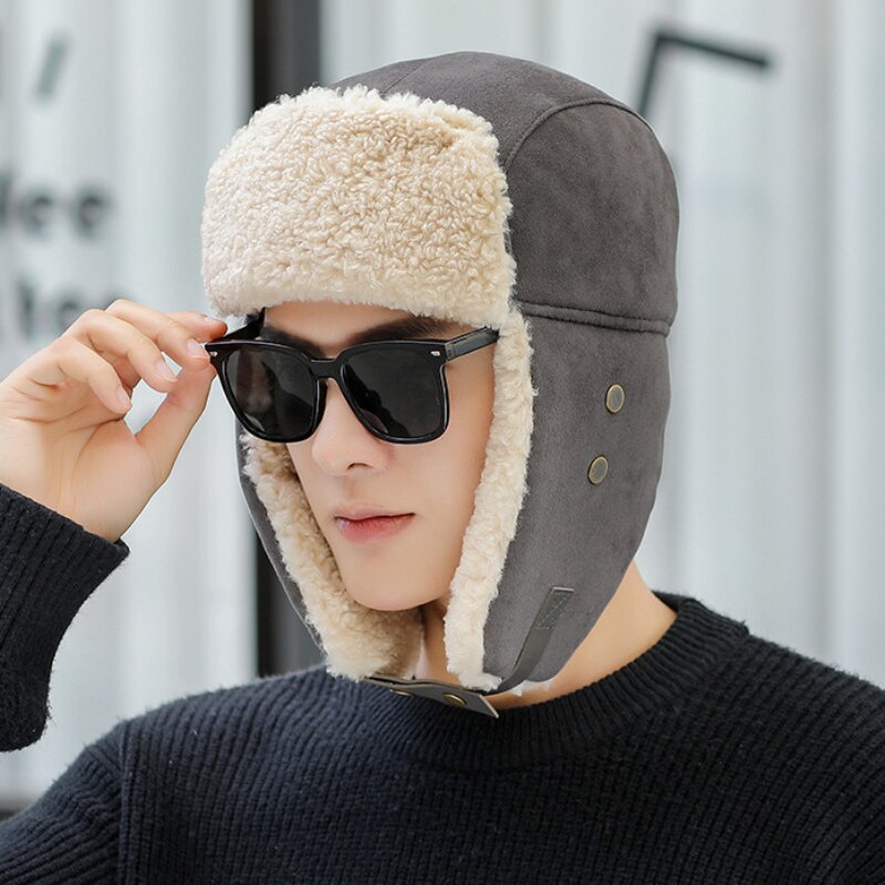 HT3998 Winter Hat Men Women Thick Warm Earflap Hat Male Windproof Ski Russian Cap Female Russian Hat Trapper Cap Bomber Hat: gray