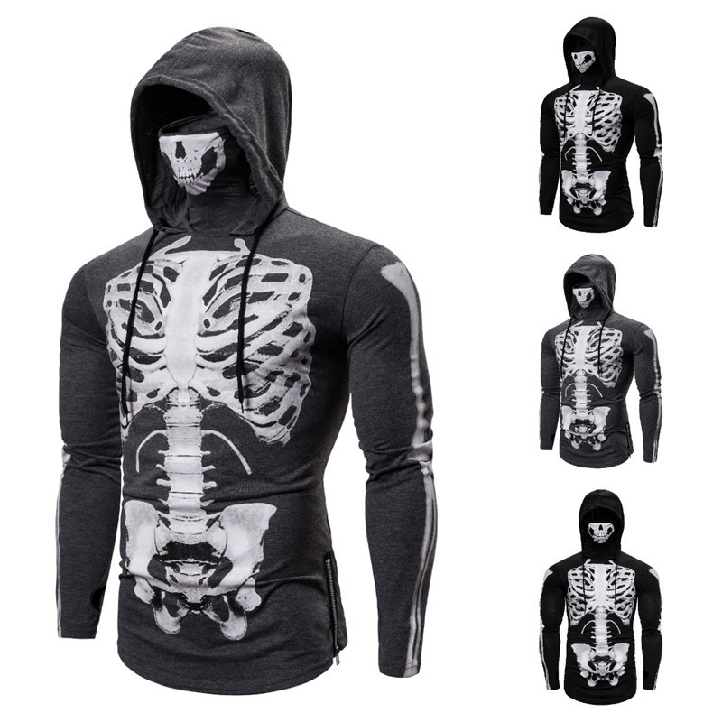 Suéter deportivo elástico para hombre, traje Ninja con capucha, Cosplay de Halloween, manga larga, esqueleto completo, máscara facial de Calavera, sudadera fina con capucha