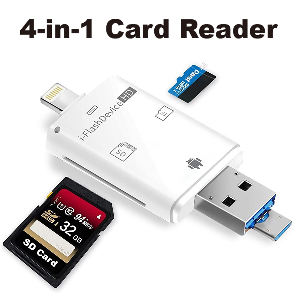 4 In 1 Kaartlezer Micro Usb Adapter Tf Micro Sd Card Reader Voor Android Ipad/Iphone 7Plus 6s5s Macbook