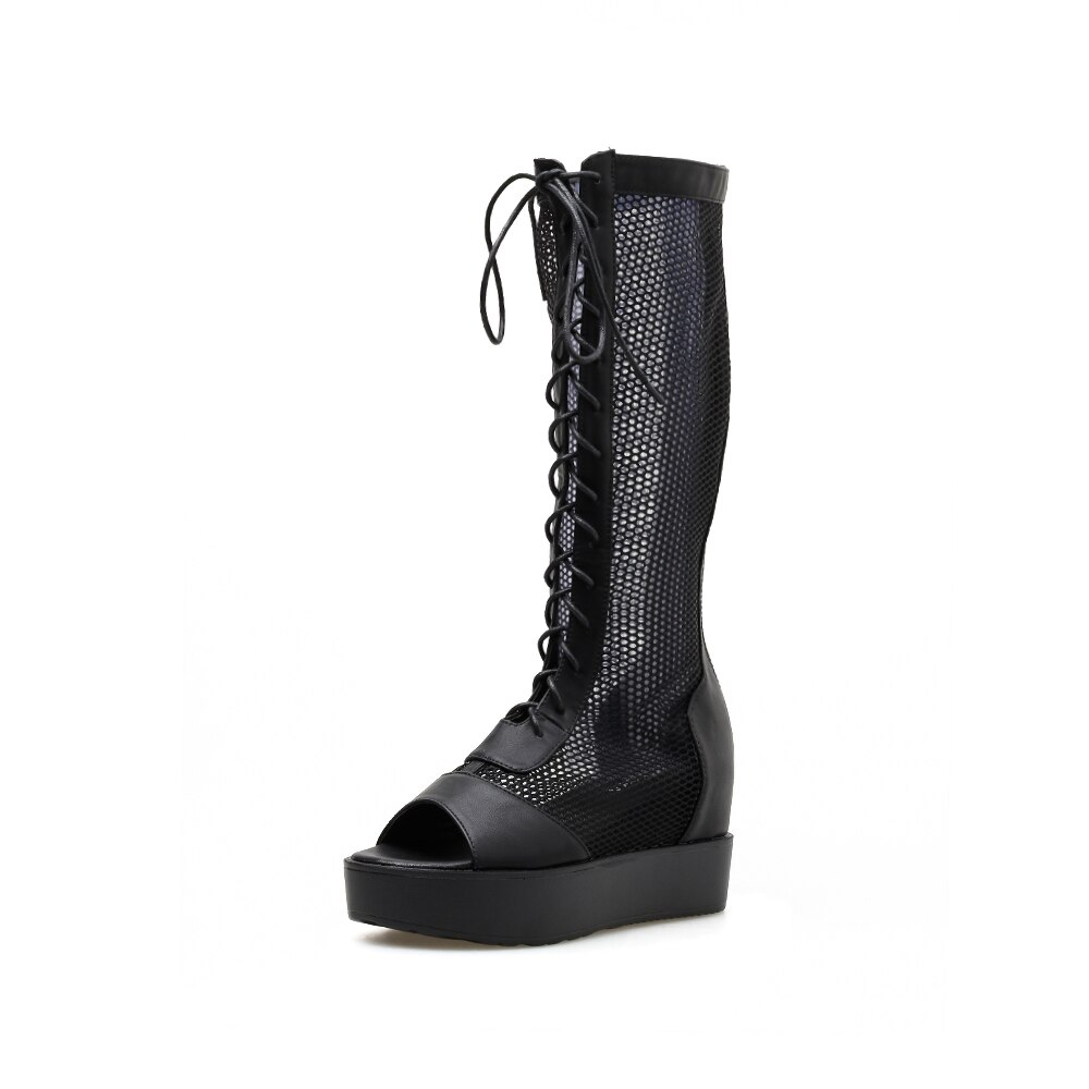 Ymechic Zomer Zwart Platform Laarzen Punk Gothic Lace Up Lange Kruis Gebonden Gladiator Sandalen Laarzen Vrouwelijke Wiggen Schoenen Zomer: 5