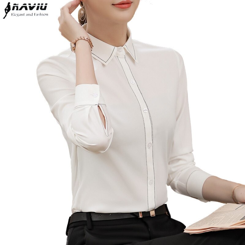 Spring long sleeve shirt women white black long sleeve chiffon blouse office lady work formal office plus size tops