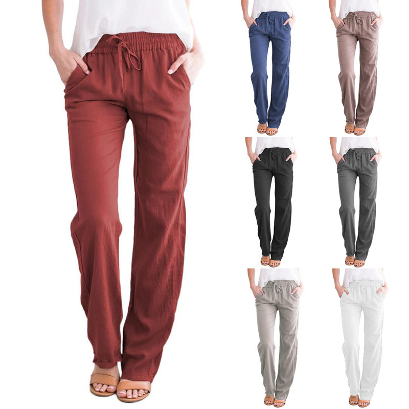 Spring/Summer Women's European and American Solid Cotton Hemp Drawstring Loose Relaxed Wide Leg Pants
