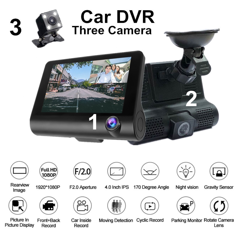 3 Lens 4" Car DVR 3 Cameras Fornt+Interior+Rearview Mirrors Dash Camera G-sensor Dual Lens Auto Registrator Video Recorder