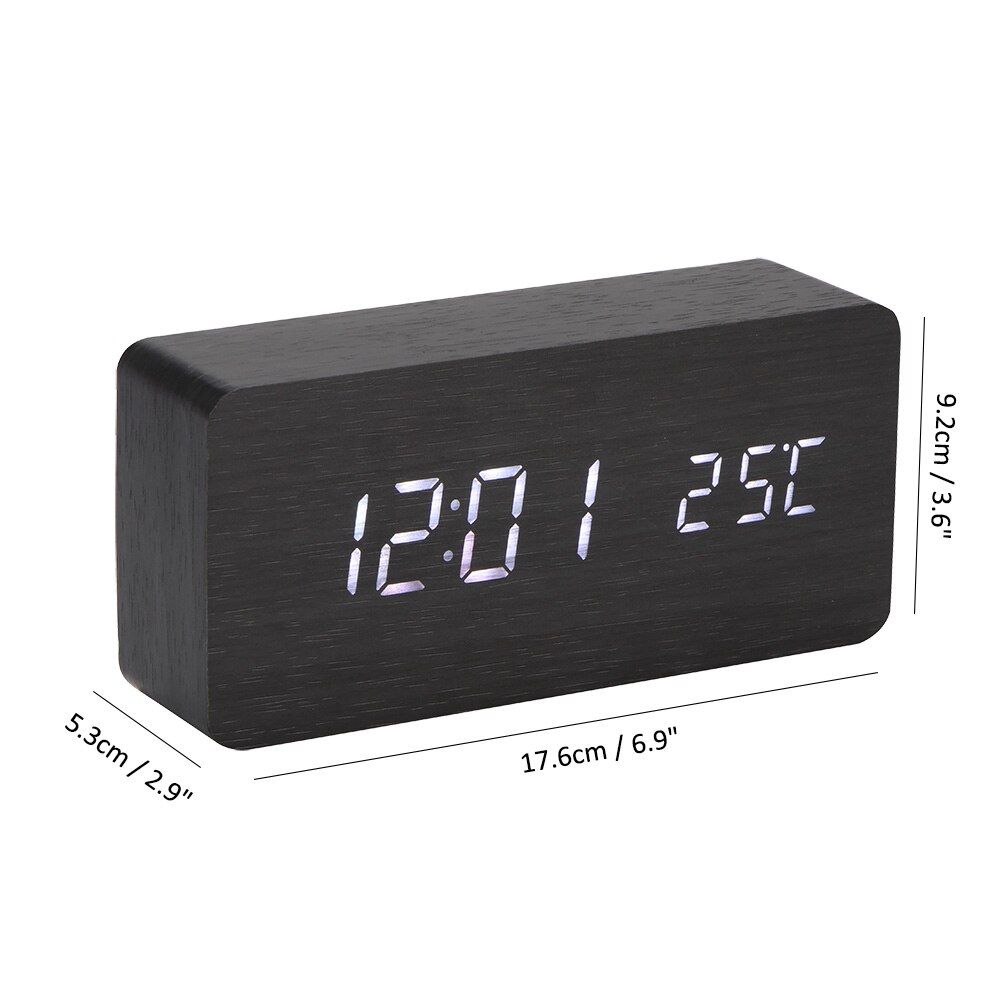 Digital Thermometer Holz LED Alarm Uhr Hintergrundbeleuchtung Stimme Kontrolle Holz retro glühen Uhr Schreibtisch Tabelle leuchtend Alarm Uhren: Quader Schwarz