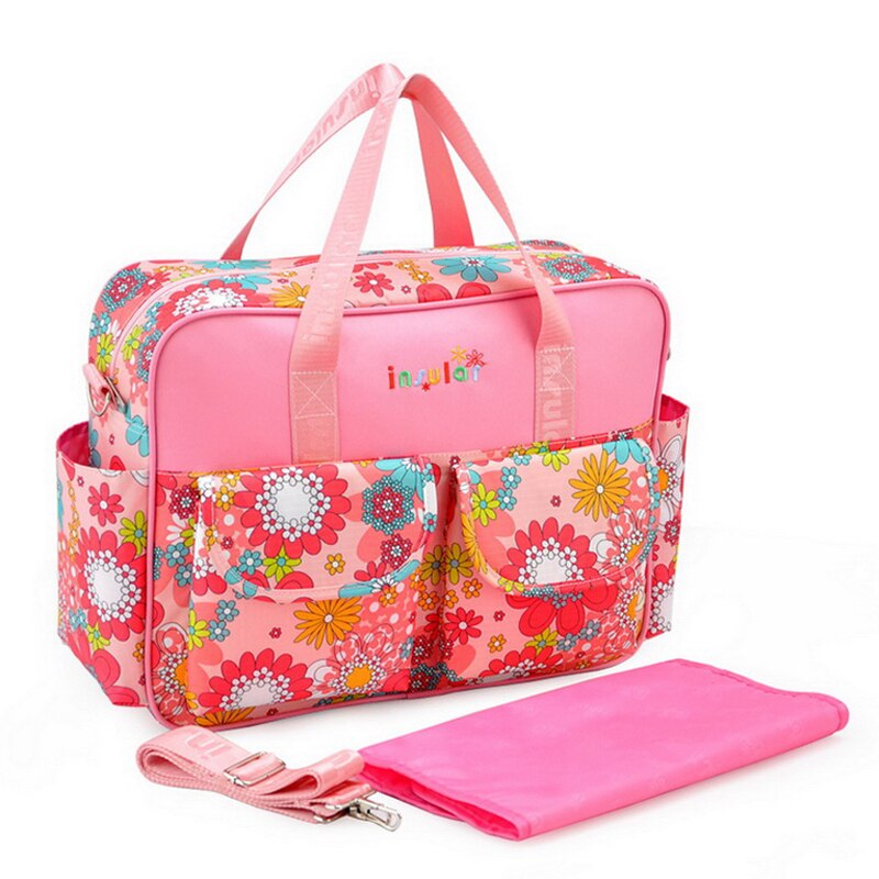 Print Diaper Bag for Mom Waterproof Large Capacity Baby Care Bags for Stroller Multifunction Mommy Bag 8 Colors: Pink flower