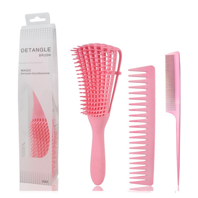 Yblntek dettangling hair hash hår kam sæt detangler hårbørste til krøllet hår barber tilbehør hårpleje styling værktøjer: 3 stk lyserød