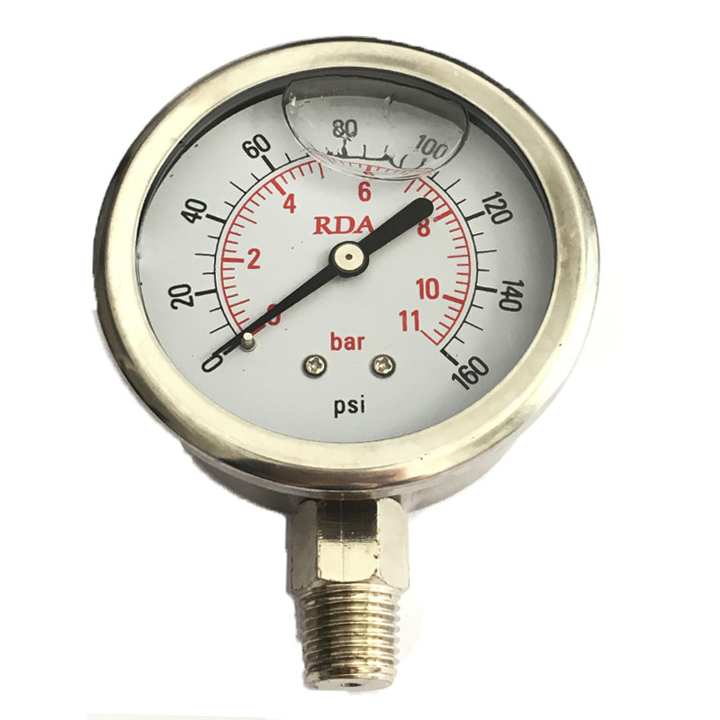Manómetro hidráulico de agua y aire, manómetro de presión lleno de líquido de acero inoxidable de 0-100Psi, 7Bar/14 Bar/11Bar, rosca de 1/4