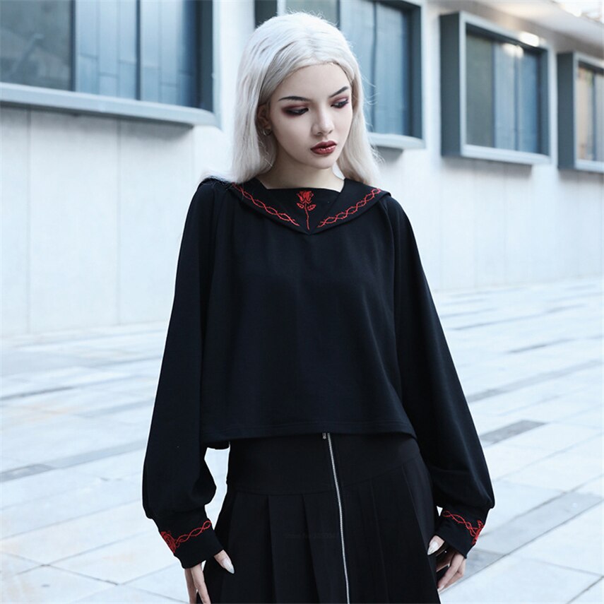 Gothic Girl High School Embroidery Uniforms Japan Version JK Short Tops Shirt Woman Long Sleeve Black Sailor Costumes