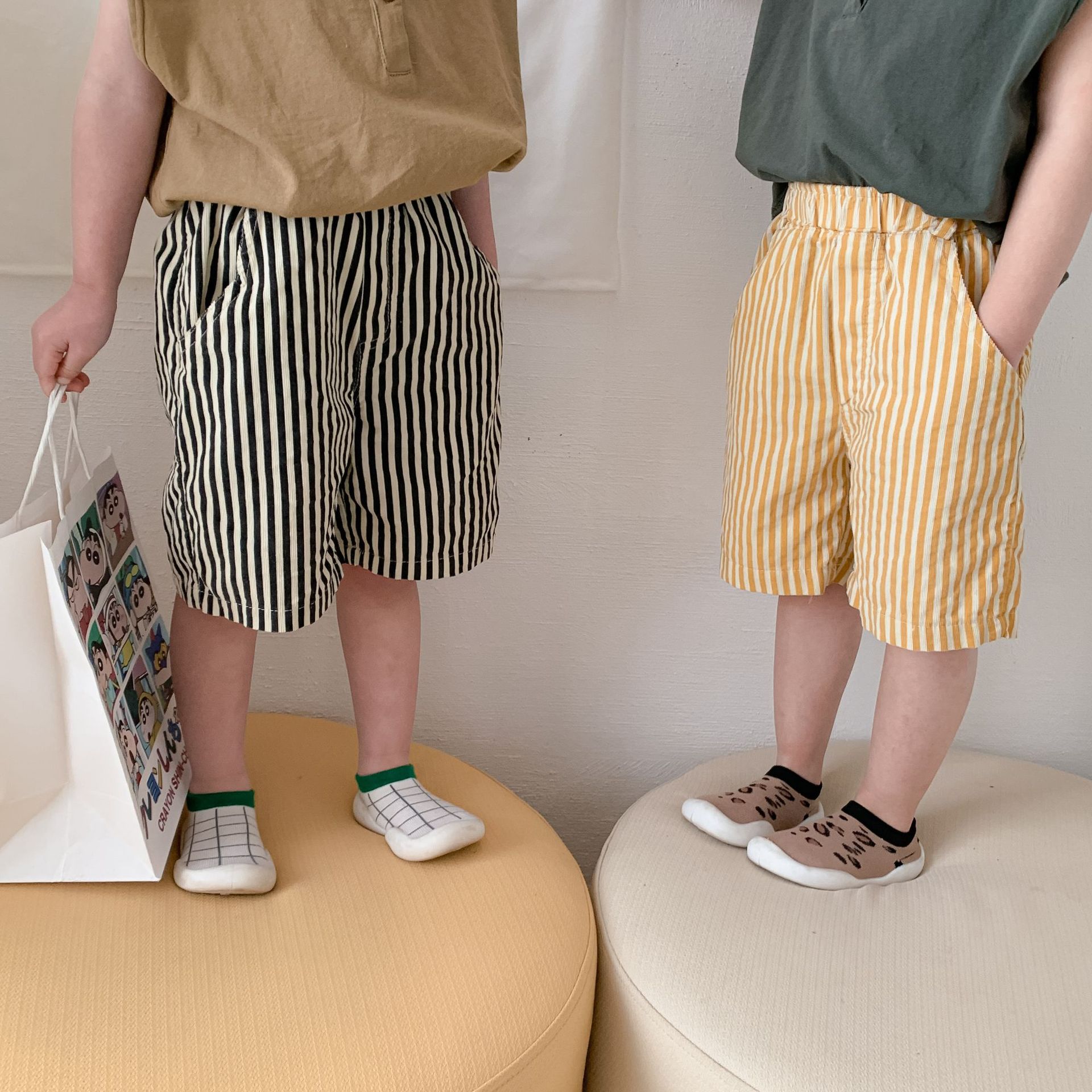 2022 Summer Kids Clothes Stripe Girls Shorts Corduroy Elastic Boys Pants Korean Children Shorts