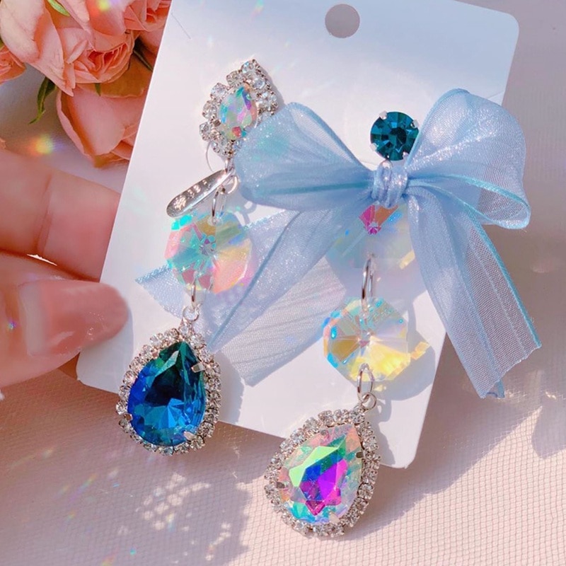 MENGJIQIAO Koreanische Süße Asymmetrische Garn Bowknot Elegante Kristall Tropfen Ohrringe Für Frauen Partei Schmuck