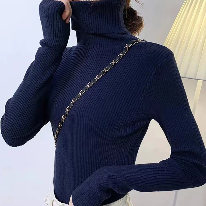 Heliar feminino outono gola alta camisola de malha pulôveres macios cashmere jumpers básicos macios para mulher 2024 outono inverno: Azul marinho