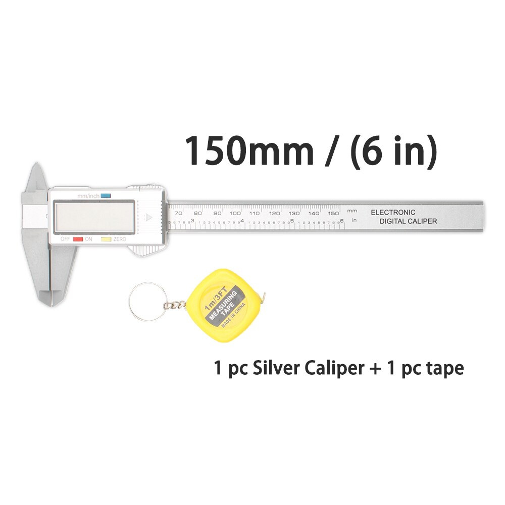 Calibrador Vernier electrónico Digital de fibra de carbono, herramienta de medición de micrómetro, cinta métrica de 1m, 100/150mm, 4/6 pulgadas, LCD: Silver 150 tape