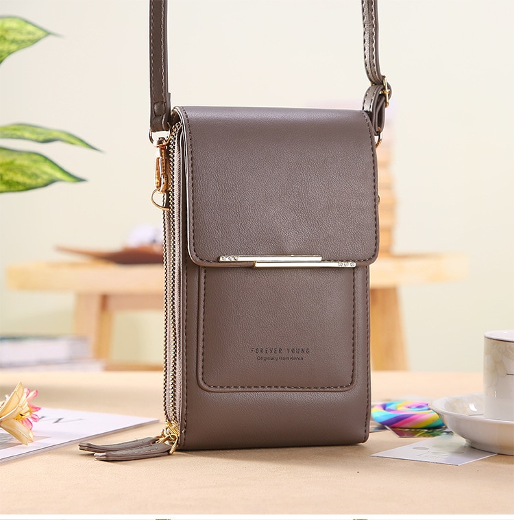 Solid Color PU Leather Crossbody Bags For Women Female Shoulder Simple Bag Lady Mini Touchable Phone Purses And Handbags: Gray