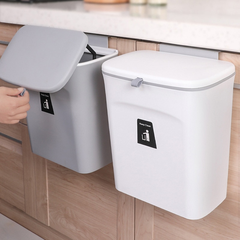 Hanging Trash Can for Kitchen Cabinet Door with Lid Wall Mounted Counter Waste Bin Plastic TI99