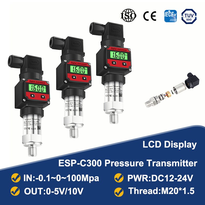 LCD Pressure Transmitter Output 0-5V/10V Pressure -0.1-0-100Mpa Water Tank Oil Gas Sensor M20*1.5 Connector Pressure Transducer