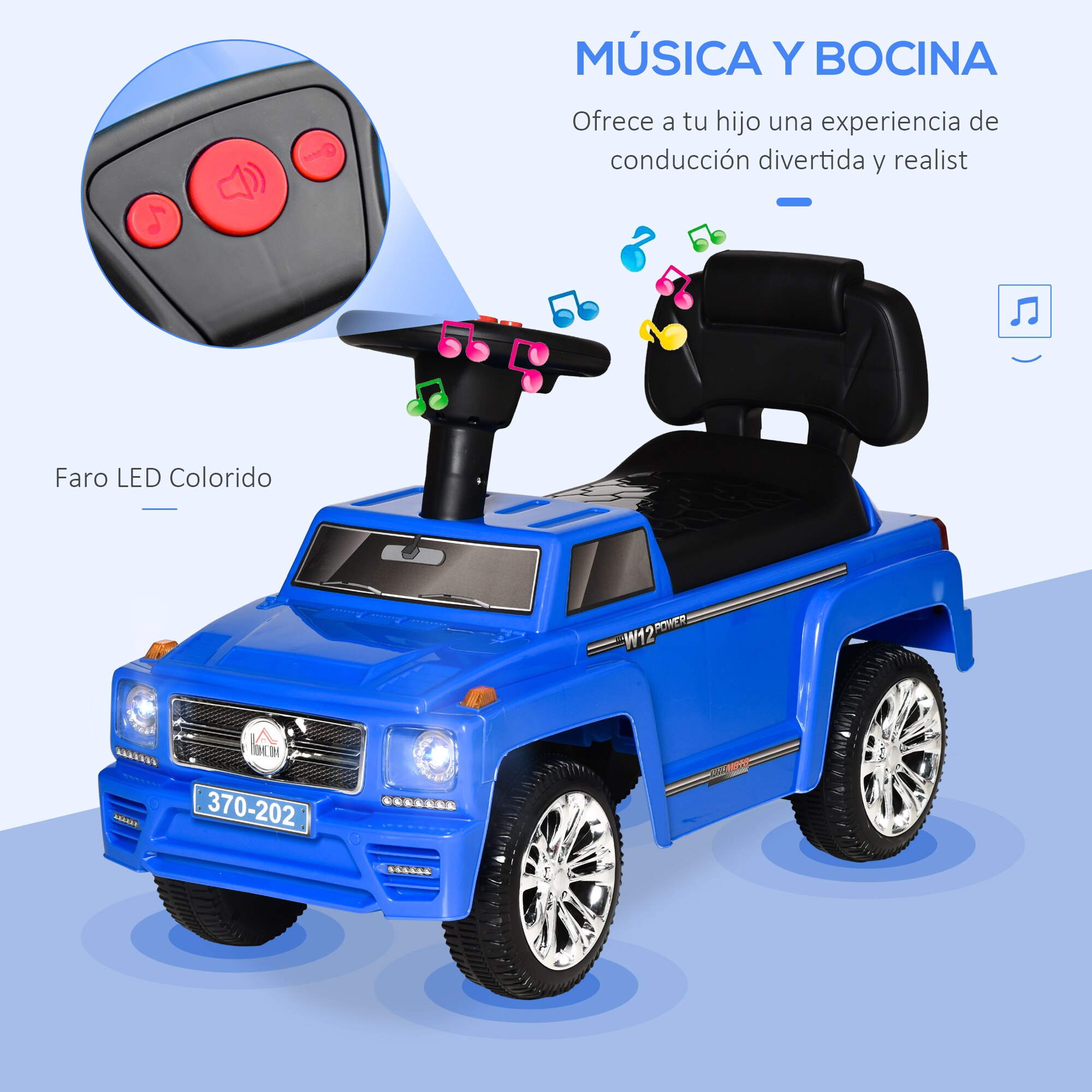 HOMCOM Coche Correpasillos para Bebé de 18-36 Meses Coche sin Pedales con Faros Música Bocina Compartimento de Almacenaje y Respaldo Alto 68x30,5x41,5 cm