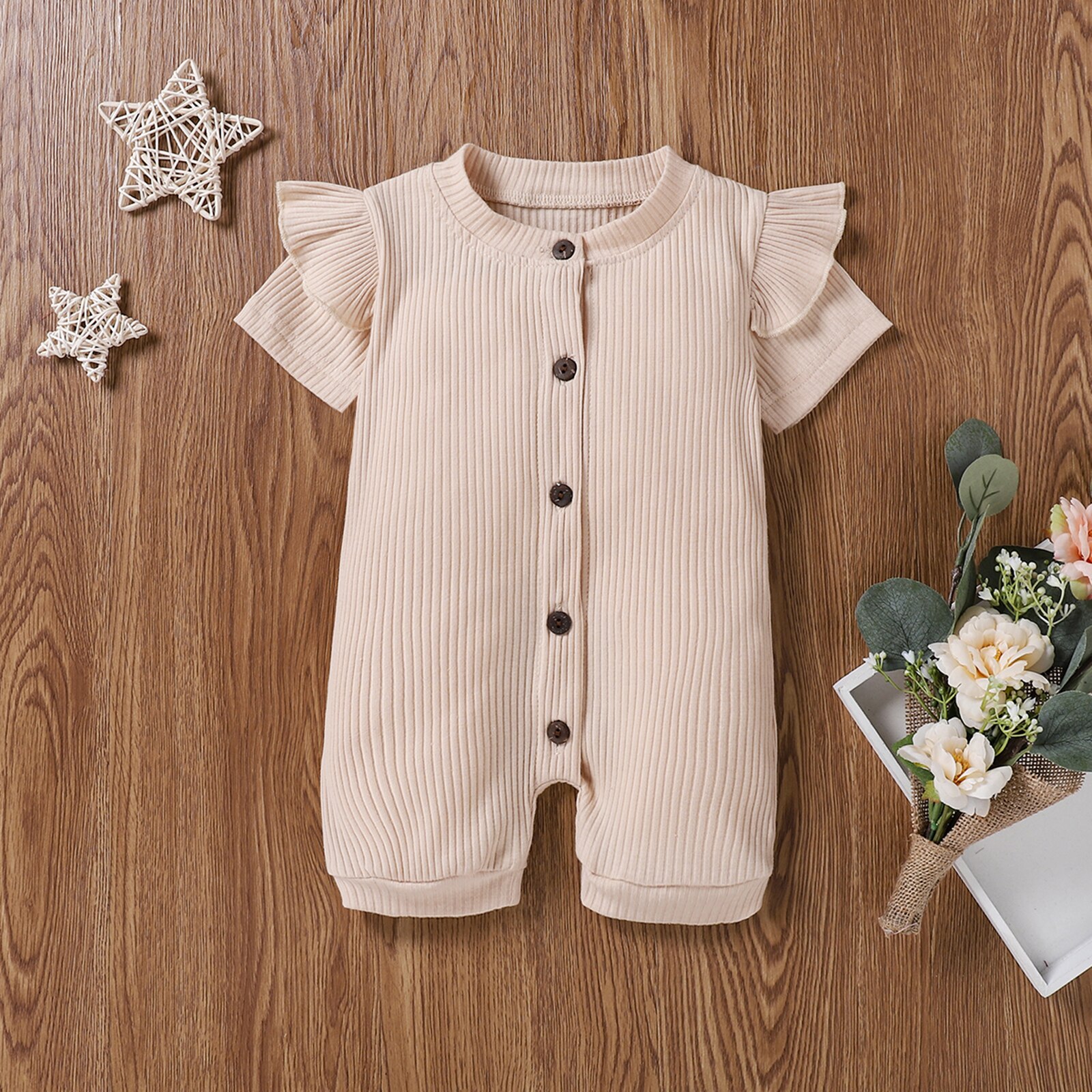 Combinaisons d'été pour tout-petits, barboteuses côtelées à manches courtes et col rond de couleur unie pour bébés filles de 0 à 18 mois