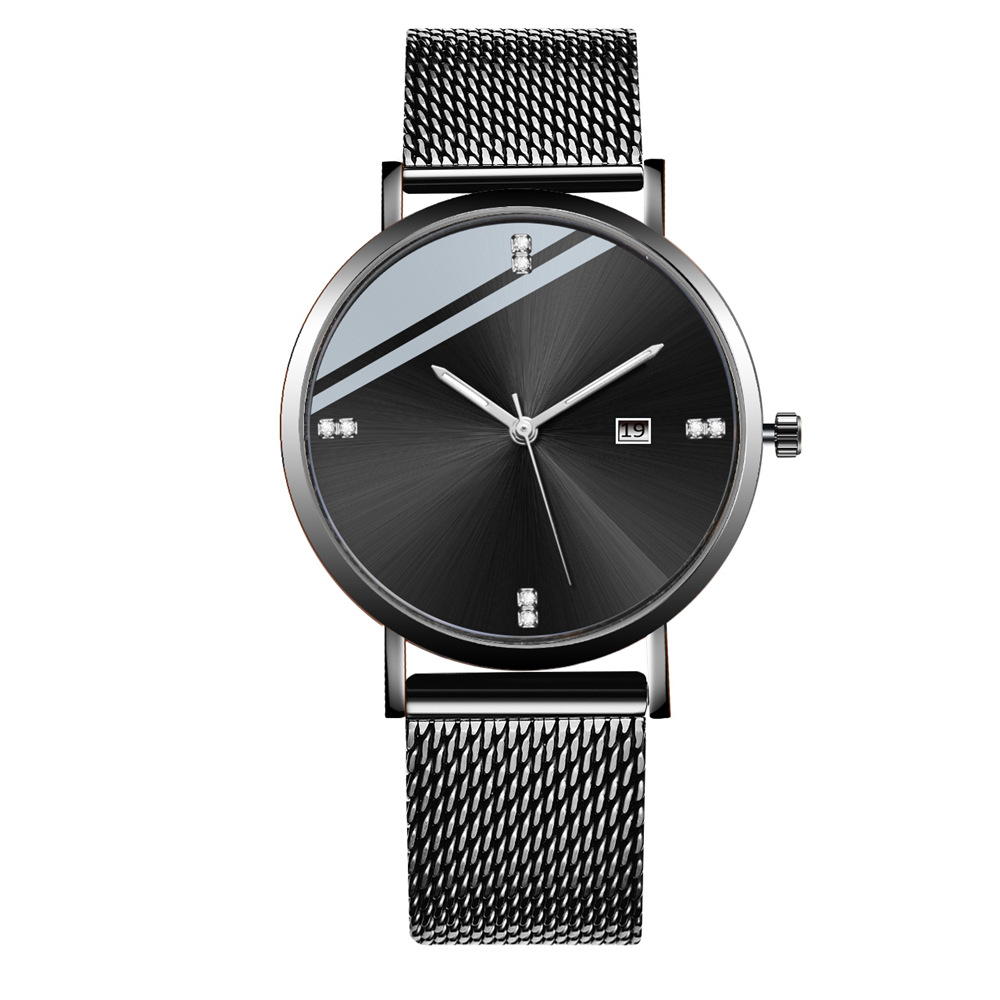 Heren Horloge Quartz met Strass Datum Eenvoudige Dial Roestvrij Stalen Band SOXY Luxe Mannelijke Klok Erkek Kol Saati: Black