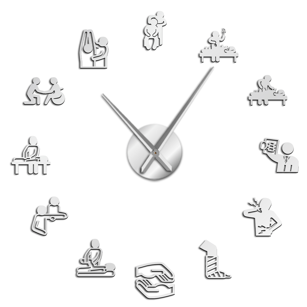 Reloj de pared de acupuntura quiropráctica, pegatinas acrílicas de espejo para decoración de pared, terapia física, gran bricolaje: Silve / 37inch