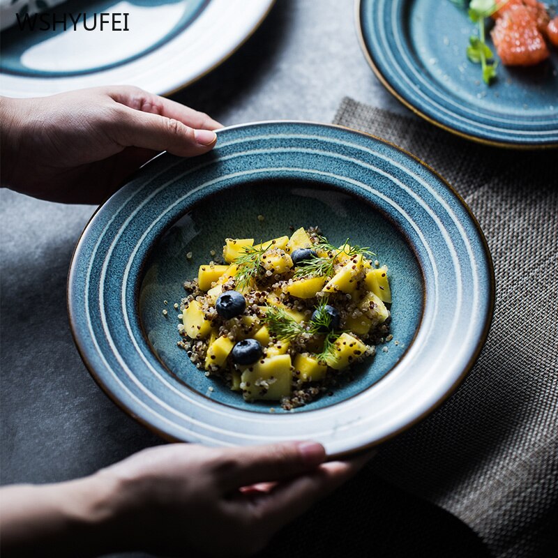 Painted ceramic round fruit plate saucer western food plate kitchen board dessert plate tableware set service plate cake plate