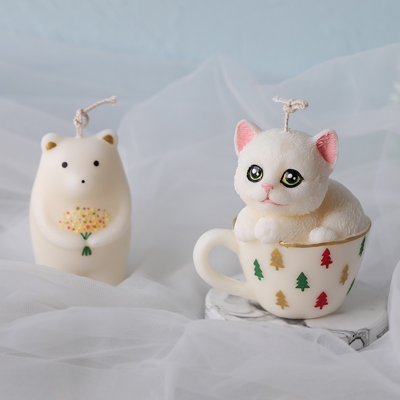 Tekopp katt silikon stearinlys mugg påske dyr såpe sjokolade leire håndverk kunst form former kake dekorere verktøy stearinlys