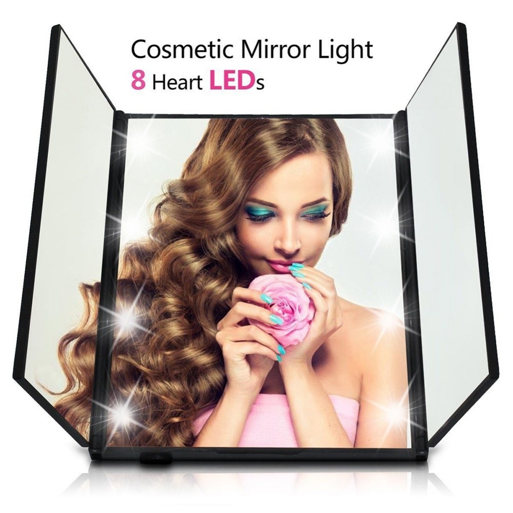 Tresidet foldbart 8 led lys makeup spejl kosmetisk forfængelighed bordspejl til kvinder skønhed makeup værktøj  #250105