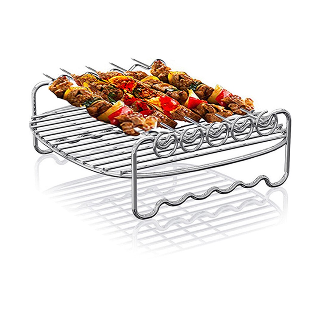 Justdolife 7Inch Air Fryer Rack Set Versatile Grilling Rack Double Layer Rack With Skewers Steaming Drain Oil Holder For Kitchen